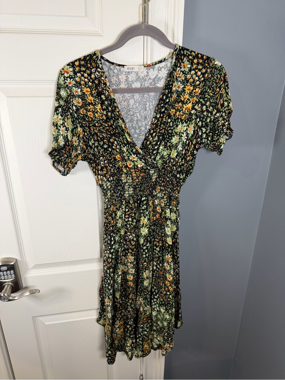 SOZY Black Floral Midi Dress with Green & Yellow Bloom Print